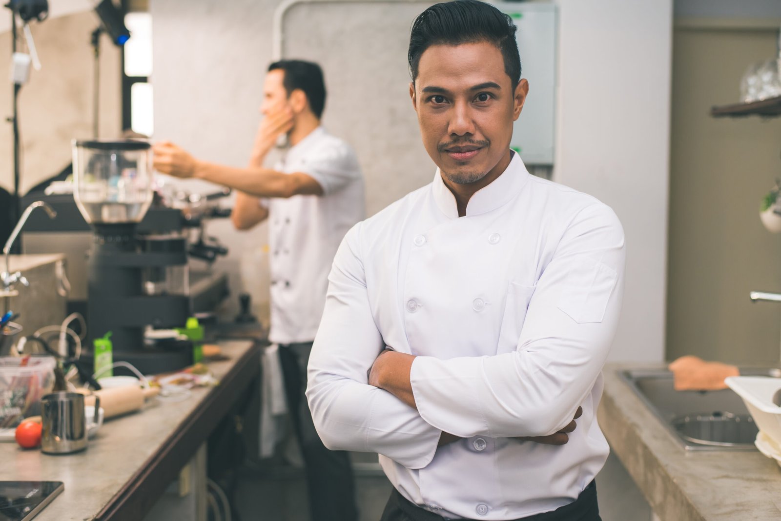 Smiling young asian chef in the kitchen interior.